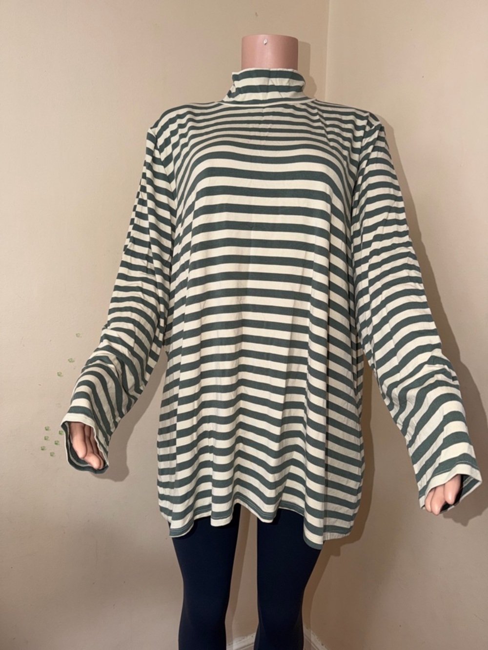 Ava & Viv Cream and Dark Green Striped Mock Neck Top